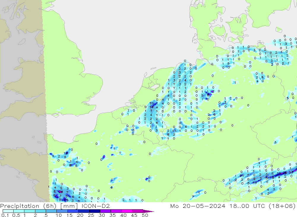 Precipitation (6h) ICON-D2 Mo 20.05.2024 00 UTC