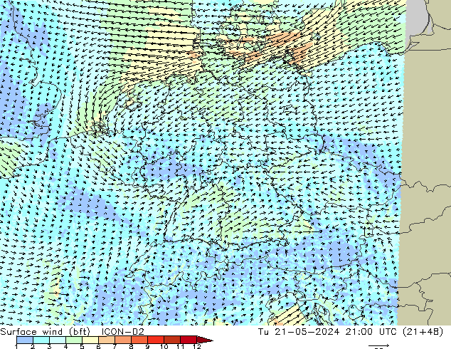 Surface wind (bft) ICON-D2 Tu 21.05.2024 21 UTC