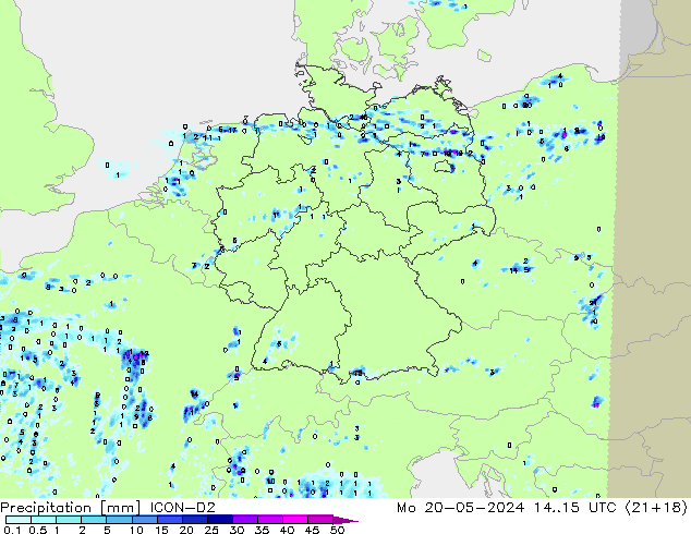 Precipitation ICON-D2 Mo 20.05.2024 15 UTC