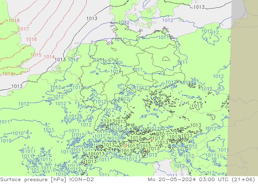 Surface pressure ICON-D2 Mo 20.05.2024 03 UTC