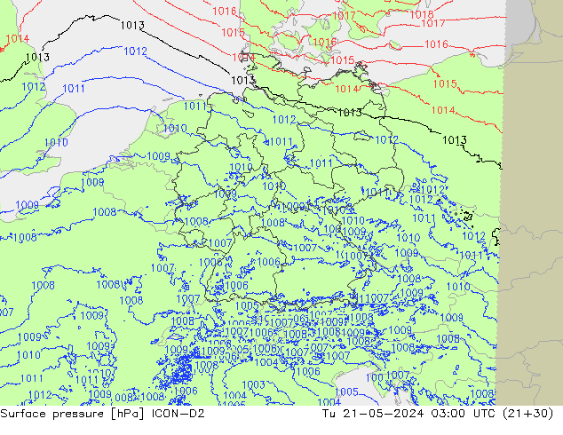 Pressione al suolo ICON-D2 mar 21.05.2024 03 UTC