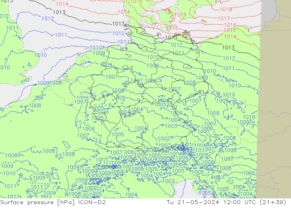 Pressione al suolo ICON-D2 mar 21.05.2024 12 UTC