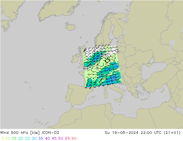 Wind 500 hPa ICON-D2 Ne 19.05.2024 22 UTC