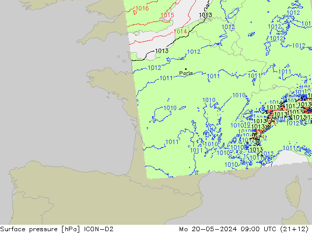 pressão do solo ICON-D2 Seg 20.05.2024 09 UTC