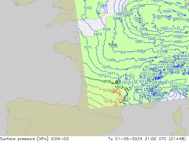 Presión superficial ICON-D2 mar 21.05.2024 21 UTC