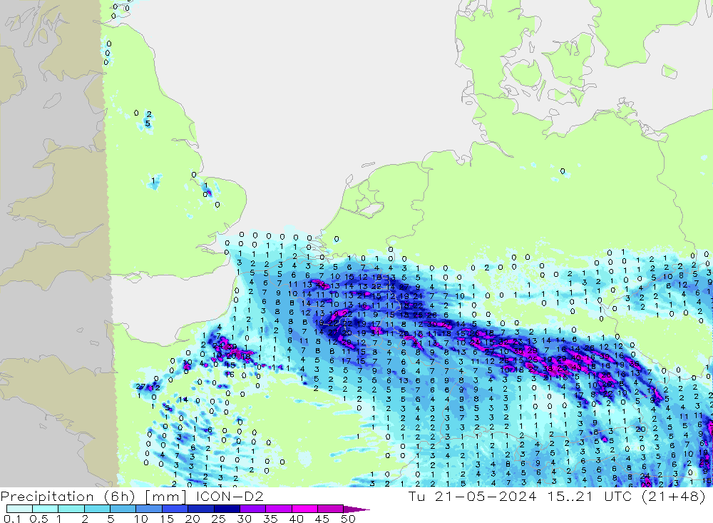 Precipitación (6h) ICON-D2 mar 21.05.2024 21 UTC