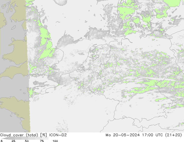 Cloud cover (total) ICON-D2 Mo 20.05.2024 17 UTC