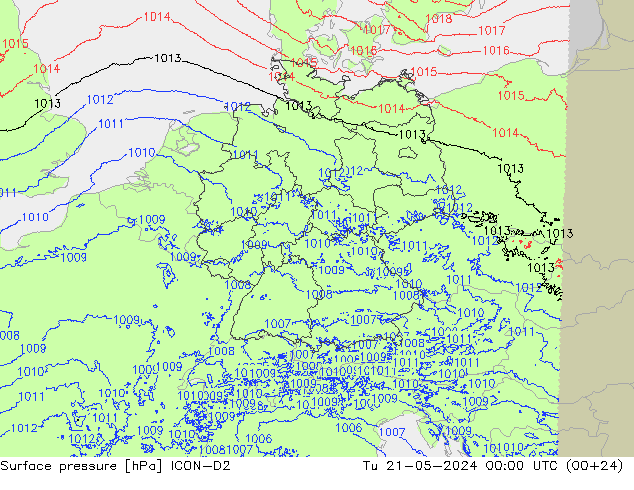 Presión superficial ICON-D2 mar 21.05.2024 00 UTC