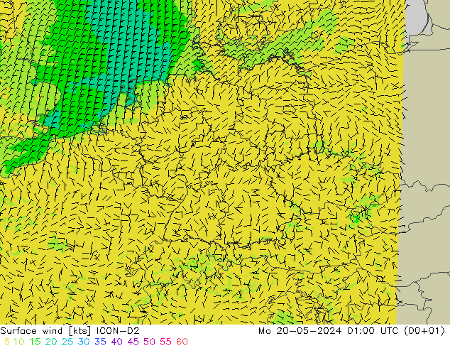 Surface wind ICON-D2 Mo 20.05.2024 01 UTC