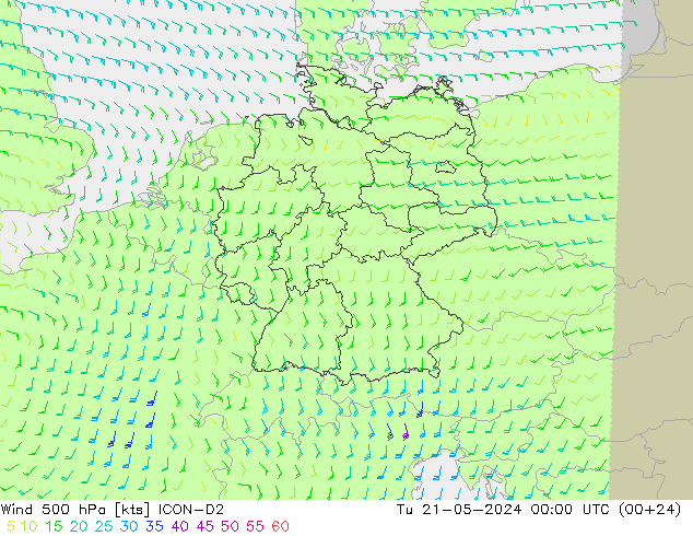 Wind 500 hPa ICON-D2 di 21.05.2024 00 UTC