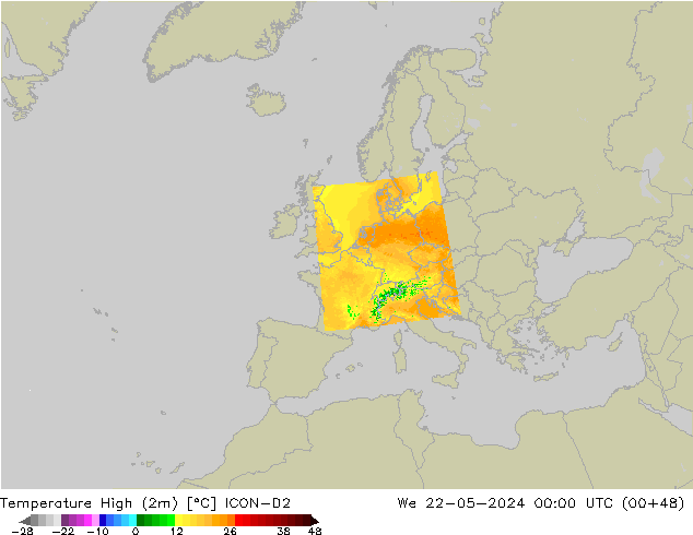 Max.temperatuur (2m) ICON-D2 wo 22.05.2024 00 UTC