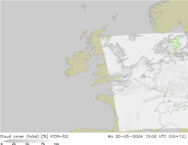 Cloud cover (total) ICON-D2 Mo 20.05.2024 12 UTC