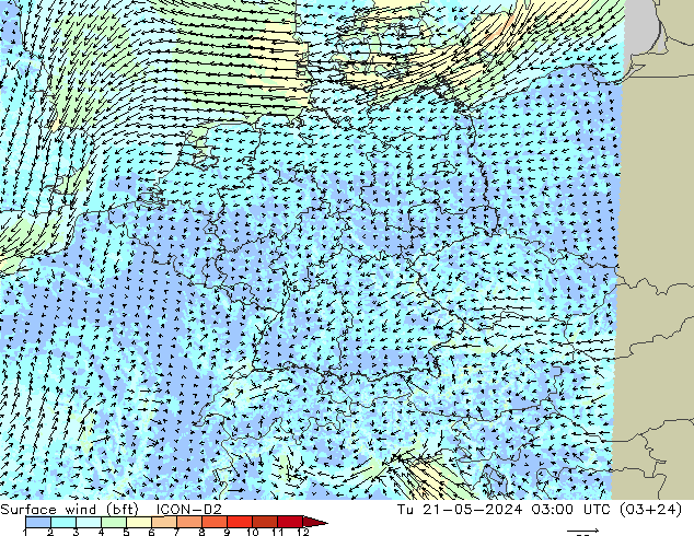 Surface wind (bft) ICON-D2 Tu 21.05.2024 03 UTC
