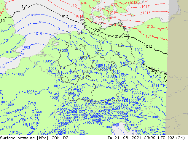 地面气压 ICON-D2 星期二 21.05.2024 03 UTC