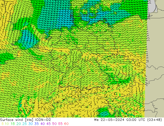 Wind 10 m ICON-D2 wo 22.05.2024 03 UTC