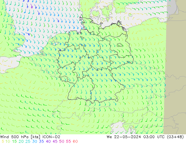 Vento 500 hPa ICON-D2 Qua 22.05.2024 03 UTC