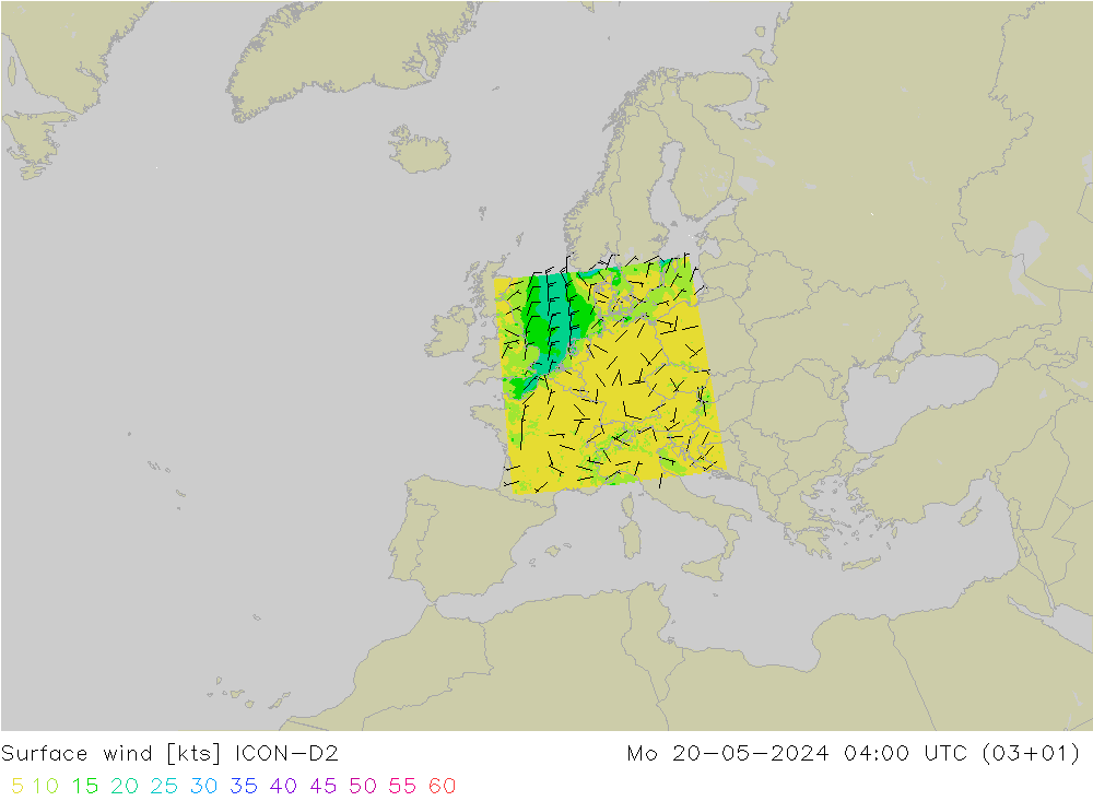 Vent 10 m ICON-D2 lun 20.05.2024 04 UTC