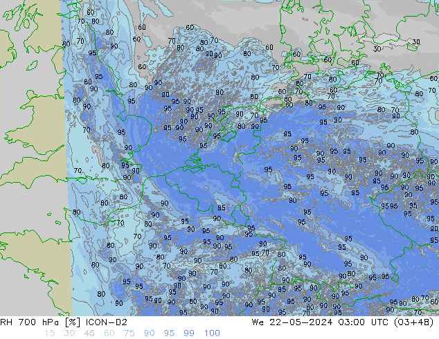 Humidité rel. 700 hPa ICON-D2 mer 22.05.2024 03 UTC