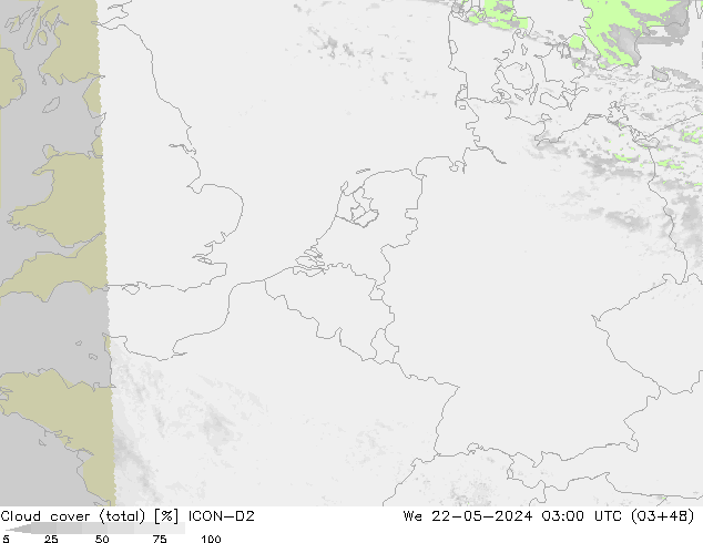 Cloud cover (total) ICON-D2 We 22.05.2024 03 UTC