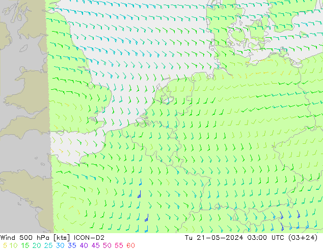 风 500 hPa ICON-D2 星期二 21.05.2024 03 UTC