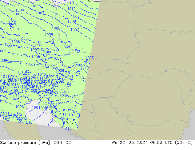 Atmosférický tlak ICON-D2 St 22.05.2024 06 UTC