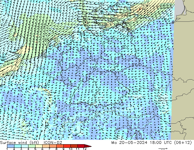 Surface wind (bft) ICON-D2 Mo 20.05.2024 18 UTC