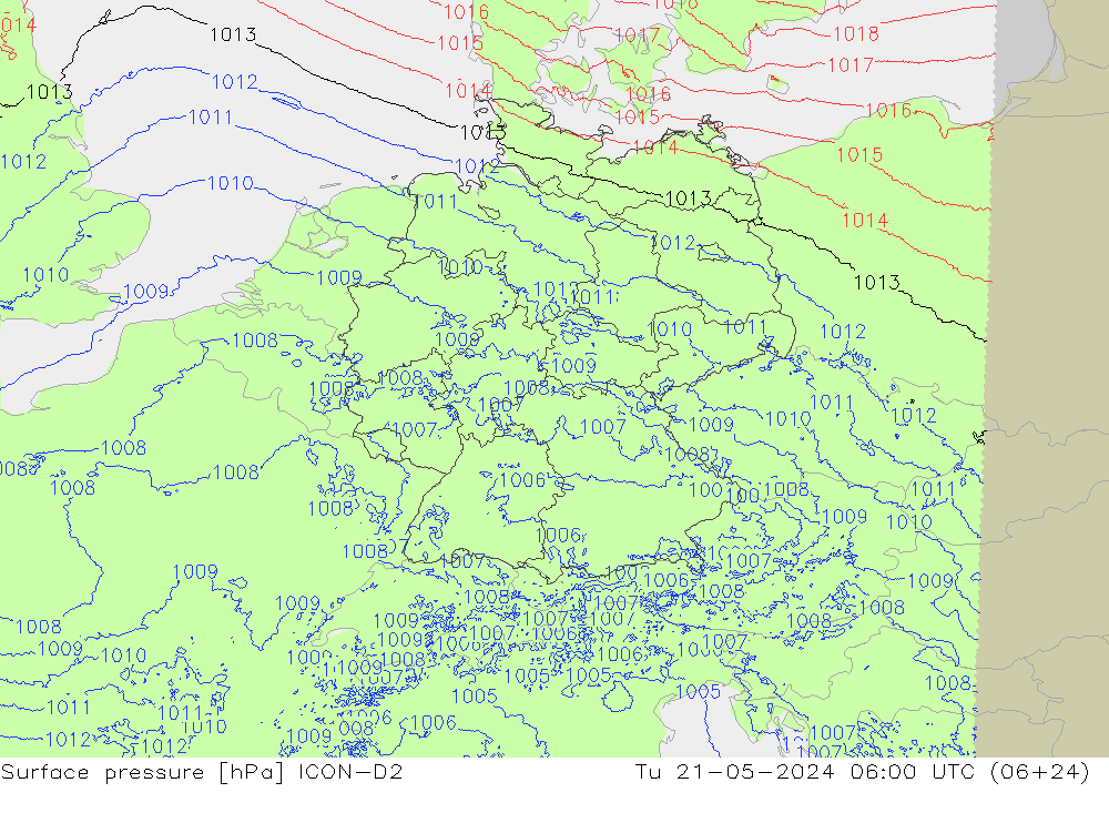 Pressione al suolo ICON-D2 mar 21.05.2024 06 UTC