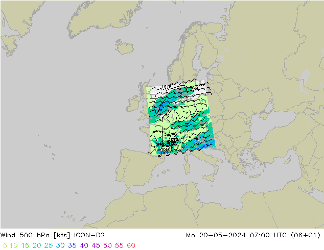 风 500 hPa ICON-D2 星期一 20.05.2024 07 UTC