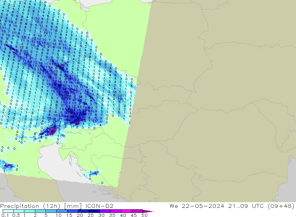 Totale neerslag (12h) ICON-D2 wo 22.05.2024 09 UTC