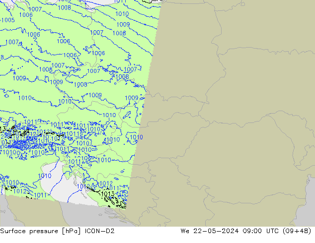 Atmosférický tlak ICON-D2 St 22.05.2024 09 UTC