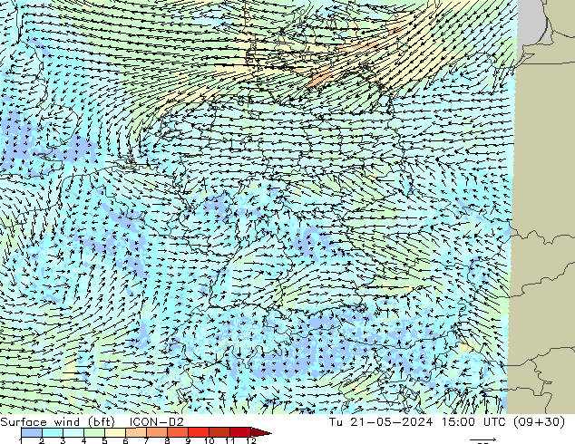 Surface wind (bft) ICON-D2 Tu 21.05.2024 15 UTC