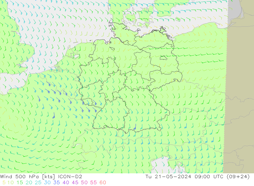 风 500 hPa ICON-D2 星期二 21.05.2024 09 UTC
