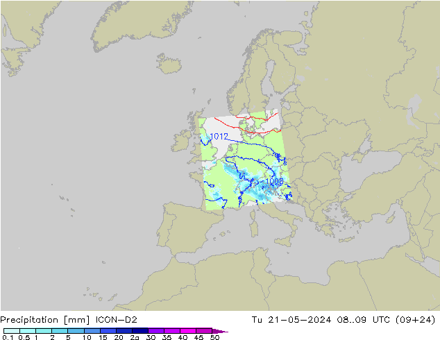 Precipitation ICON-D2 Tu 21.05.2024 09 UTC