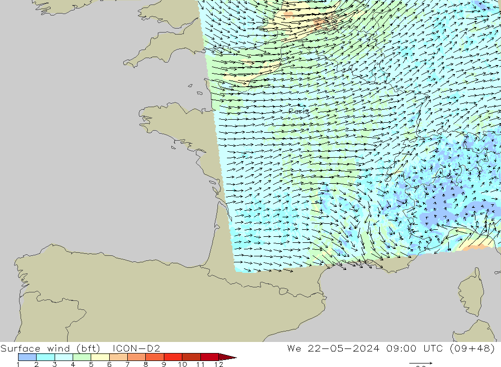 Surface wind (bft) ICON-D2 St 22.05.2024 09 UTC