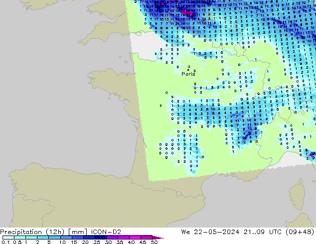 Precipitazione (12h) ICON-D2 mer 22.05.2024 09 UTC