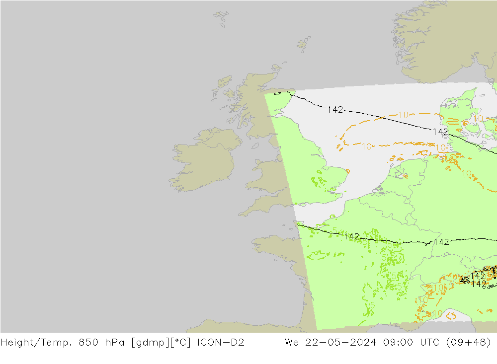 Height/Temp. 850 hPa ICON-D2 śro. 22.05.2024 09 UTC