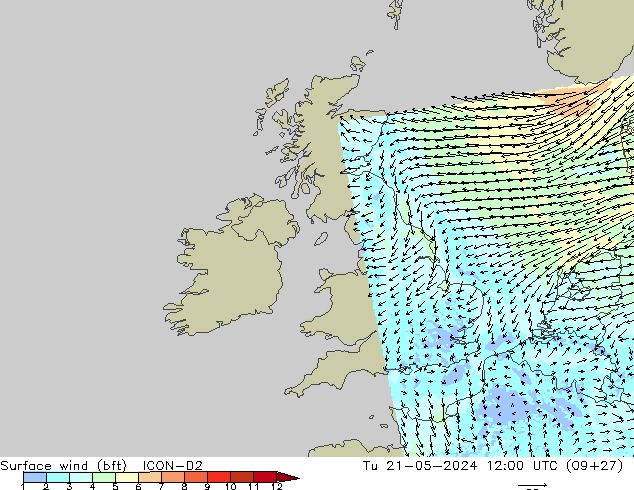 Surface wind (bft) ICON-D2 Tu 21.05.2024 12 UTC