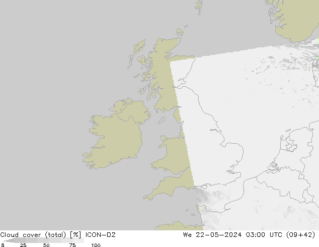 Nubi (totali) ICON-D2 mer 22.05.2024 03 UTC