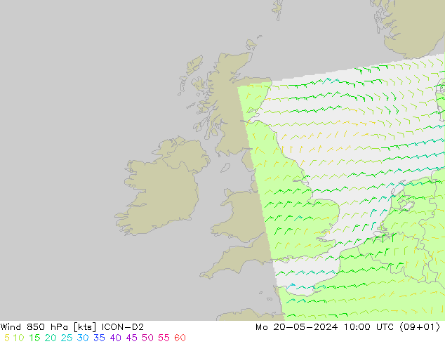 wiatr 850 hPa ICON-D2 pon. 20.05.2024 10 UTC
