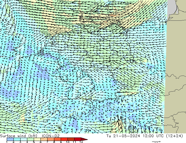Surface wind (bft) ICON-D2 Út 21.05.2024 12 UTC