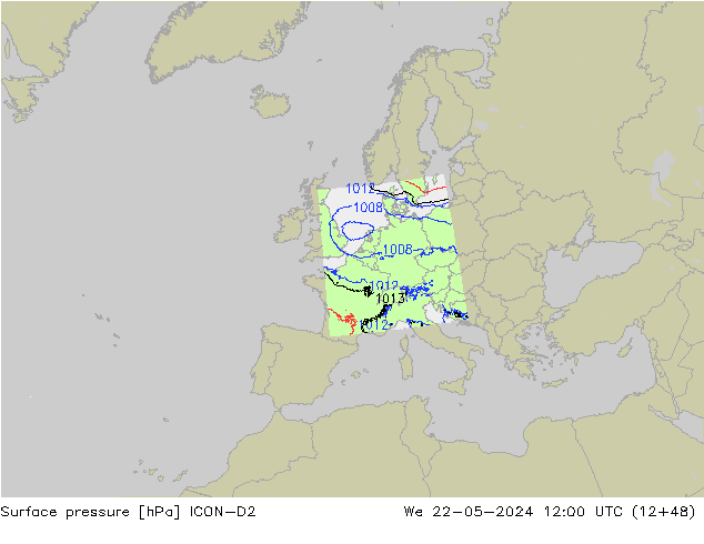 Presión superficial ICON-D2 mié 22.05.2024 12 UTC