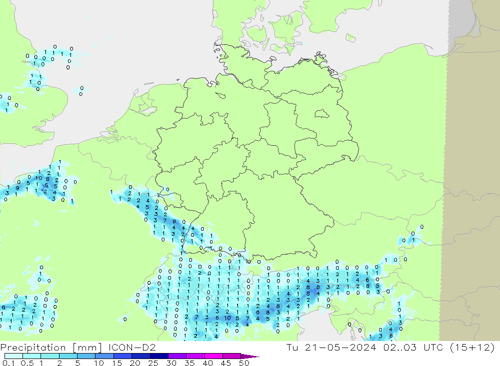 Precipitation ICON-D2 Tu 21.05.2024 03 UTC