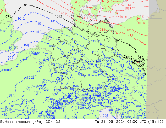 Surface pressure ICON-D2 Tu 21.05.2024 03 UTC