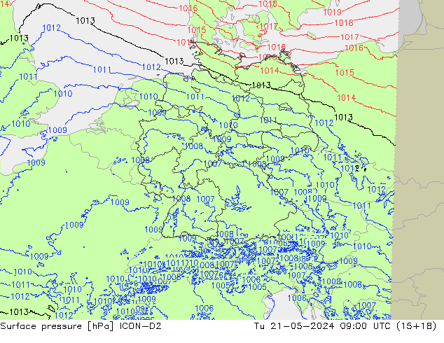 Pressione al suolo ICON-D2 mar 21.05.2024 09 UTC