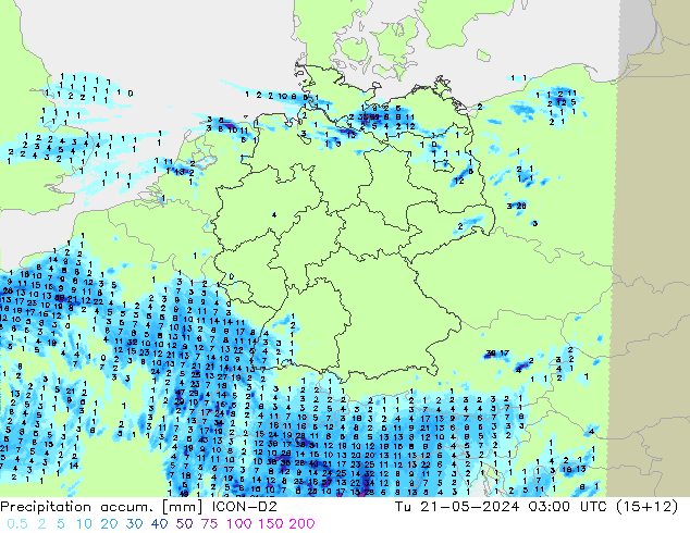 Precipitation accum. ICON-D2 wto. 21.05.2024 03 UTC