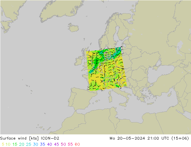 Surface wind ICON-D2 Mo 20.05.2024 21 UTC