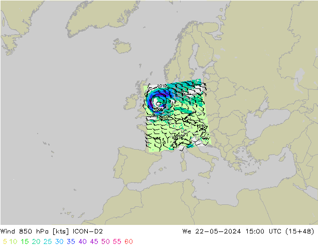 Wind 850 hPa ICON-D2 Mi 22.05.2024 15 UTC