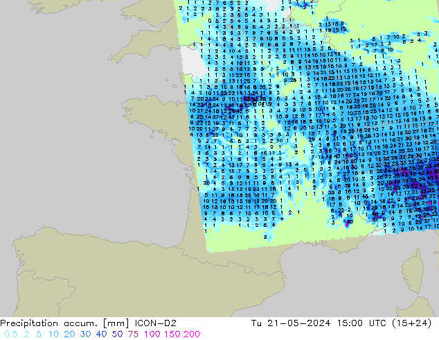 Precipitation accum. ICON-D2 Tu 21.05.2024 15 UTC