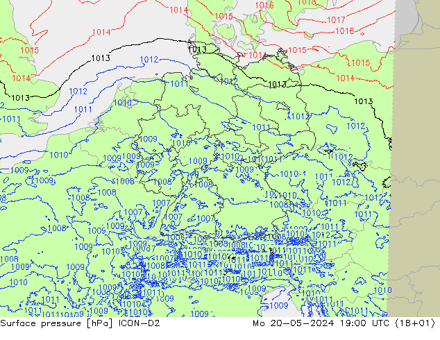 Atmosférický tlak ICON-D2 Po 20.05.2024 19 UTC