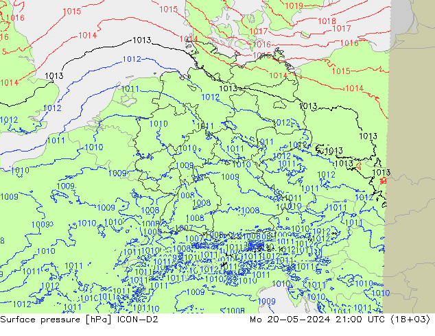 Atmosférický tlak ICON-D2 Po 20.05.2024 21 UTC